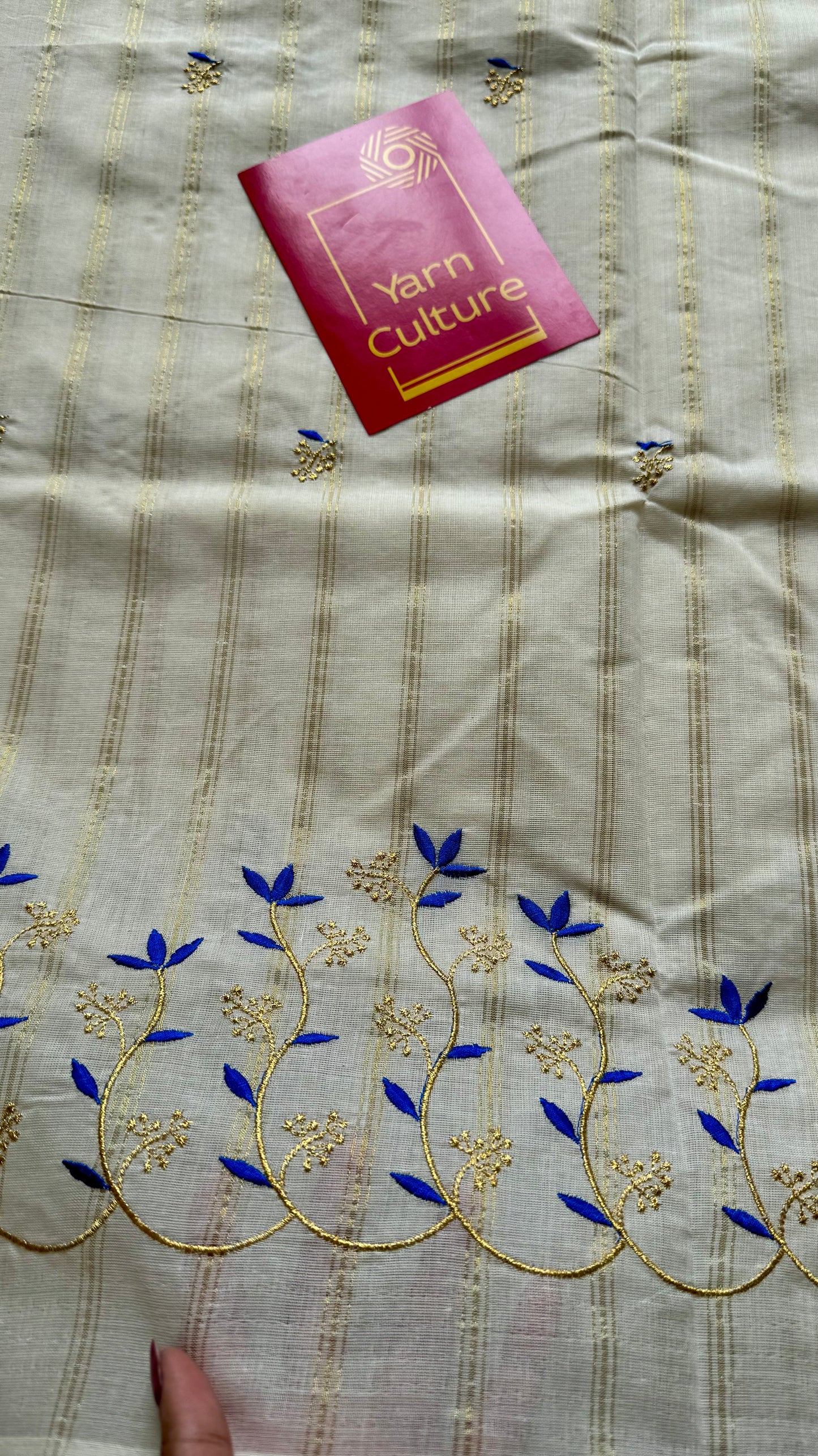 Ivory and gold soft cotton saree, blue floral vine embroidery  - YCIEON55
