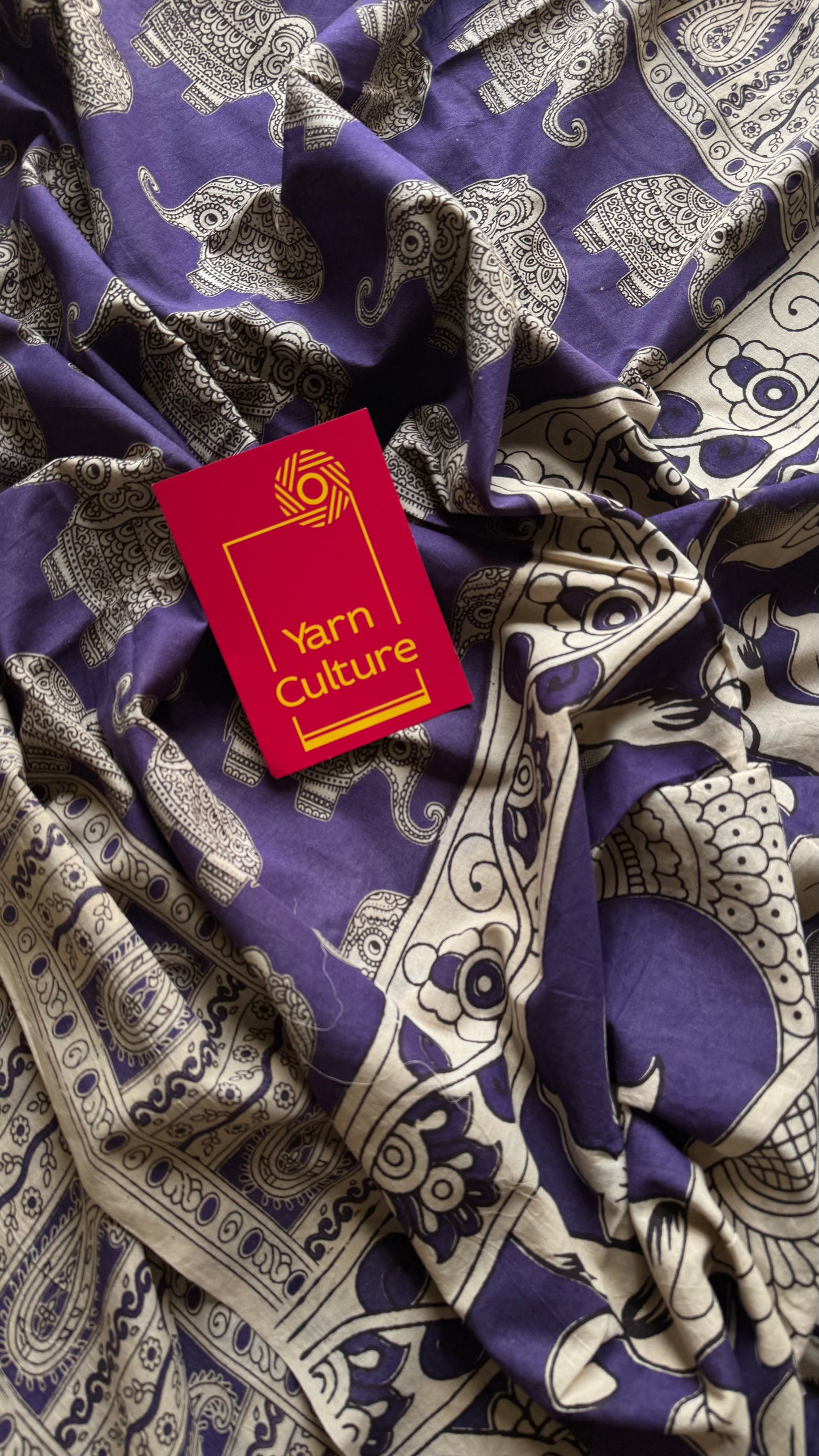 Purple kalamkari saree, elephant motifs, soft cotton - YCWOTDMA351