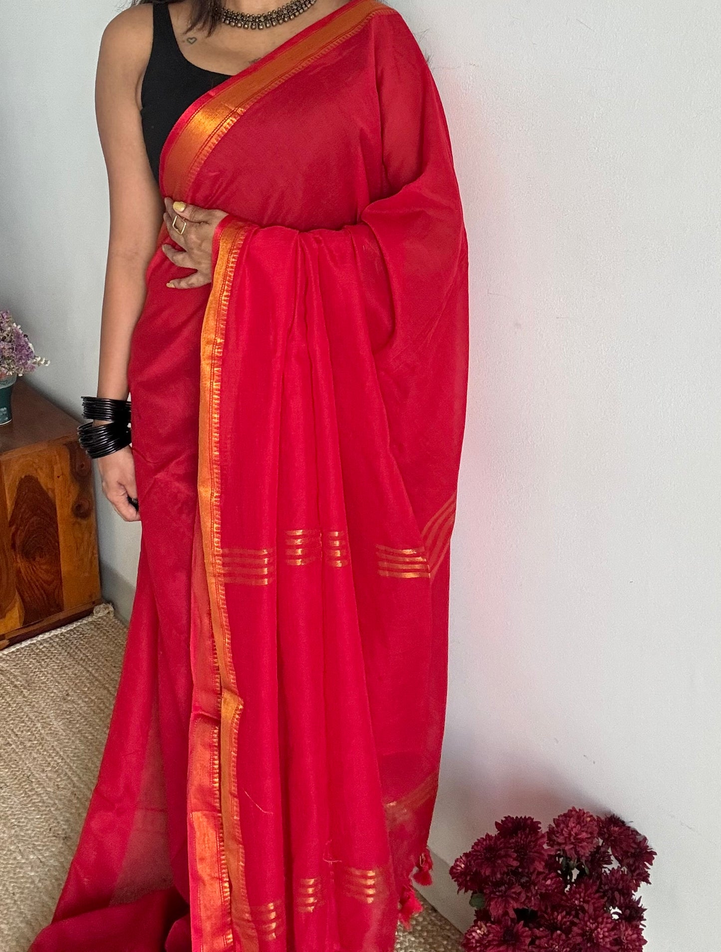 Chilli red soft cotton with maheswari gold zari border - YCBCMCFE216