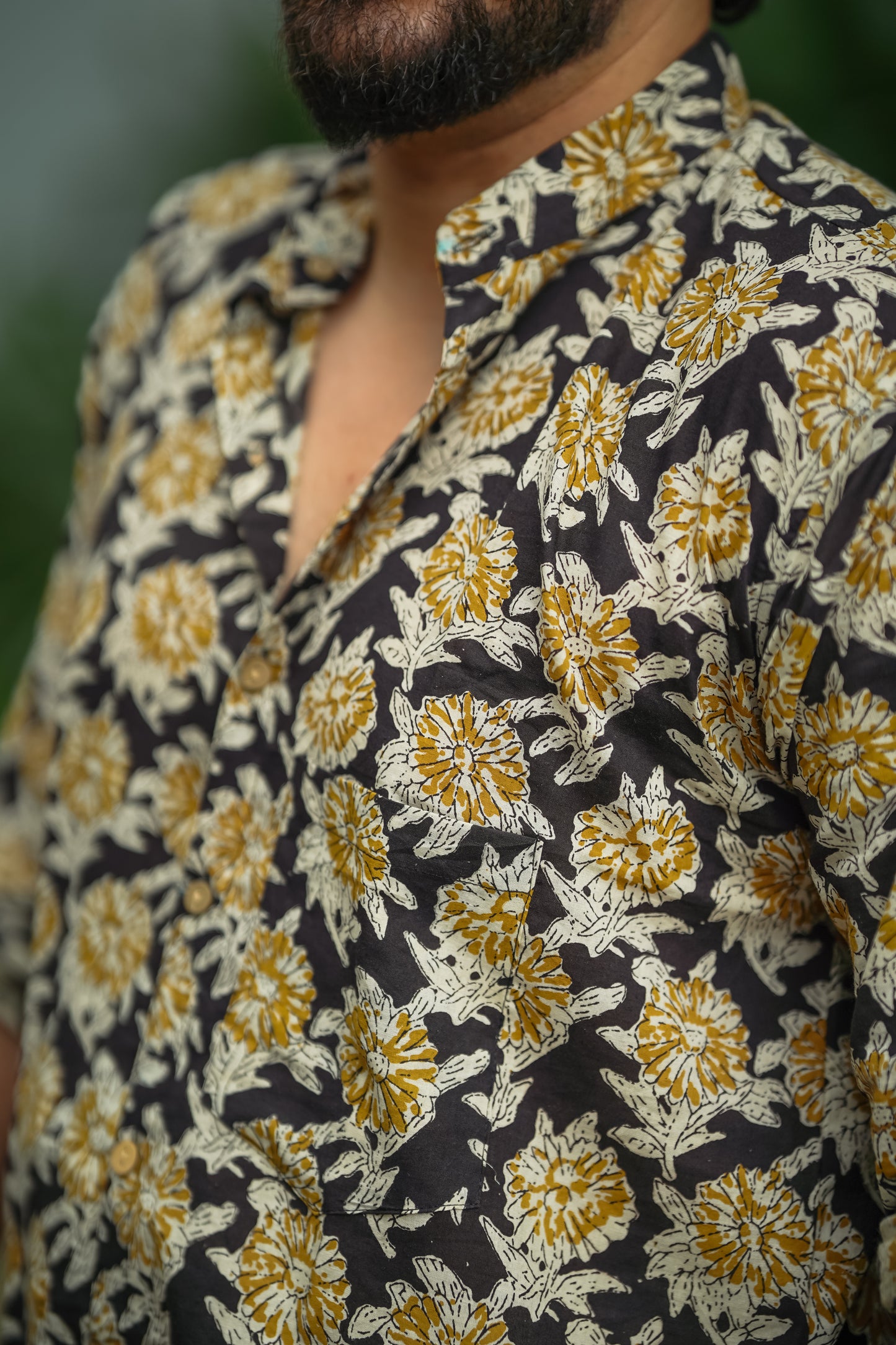 Black & Yellow Floral Block Printed Cotton Men's Mandarin Collar Kurta Shirt - YCMSEIE197