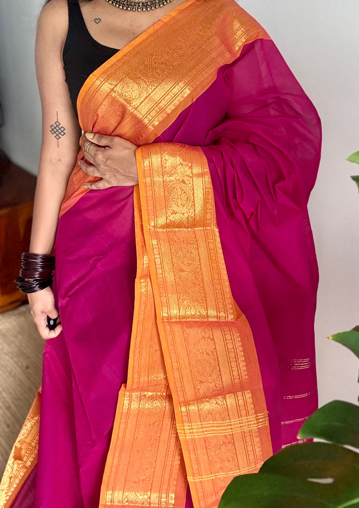 Magenta with turmeric yellow zari border chettinad cotton saree - YCCOTNCKSE17