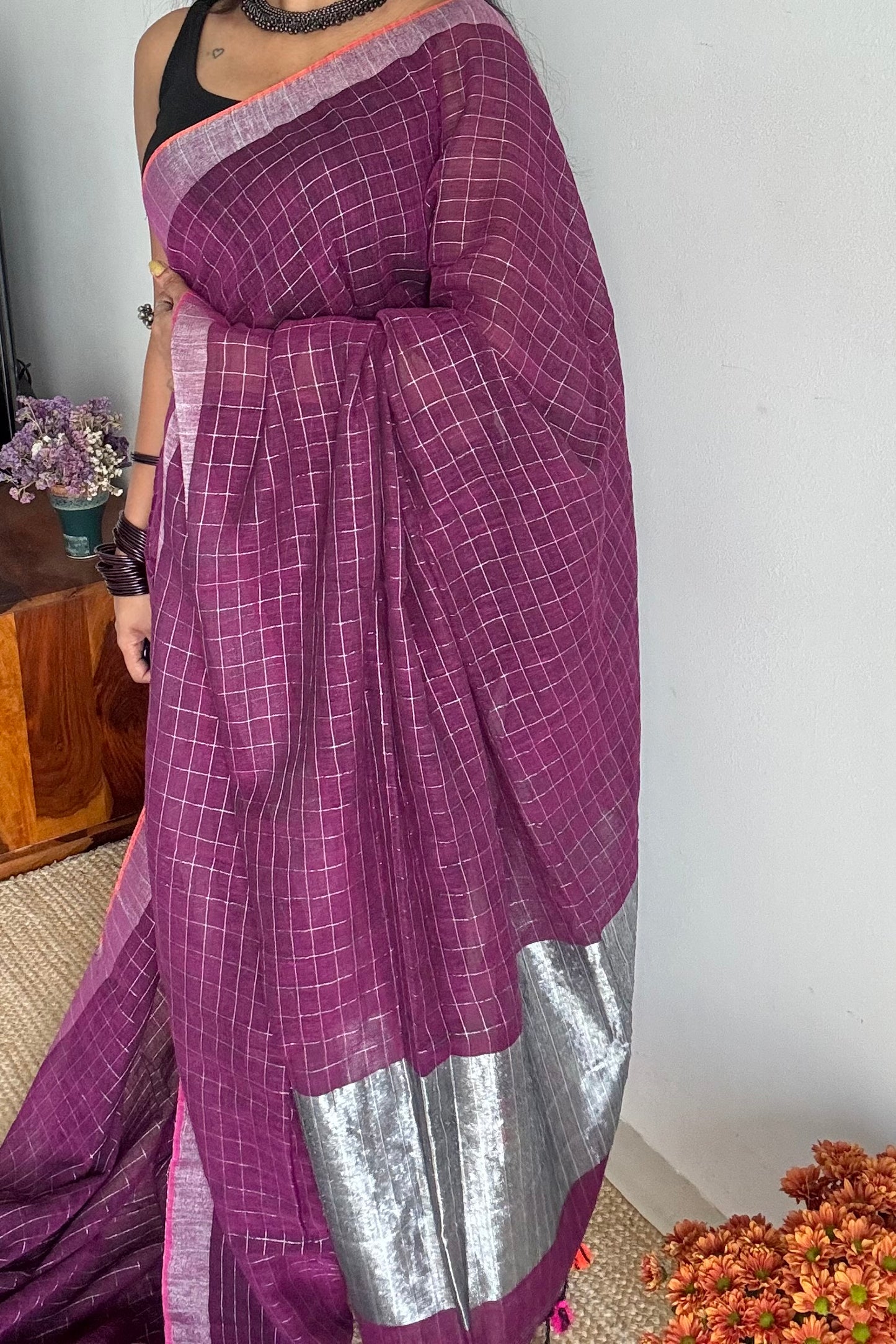 Wine linen by cotton saree, silver checks & zari pallu - YCBCLCFE391