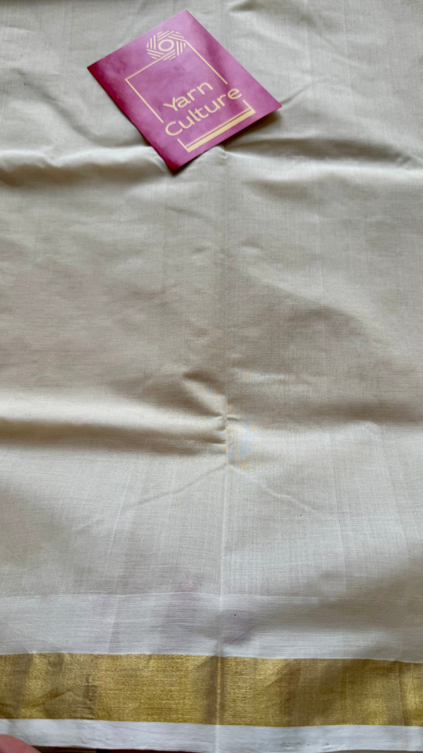 Handloom, woven in Chendamangalam Looms, ivory with gold striped pallu - YCIEON147