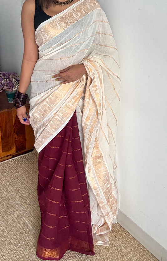 Cream with maroon, sungudi cotton half-half saree - YCCOTNMSFE354
