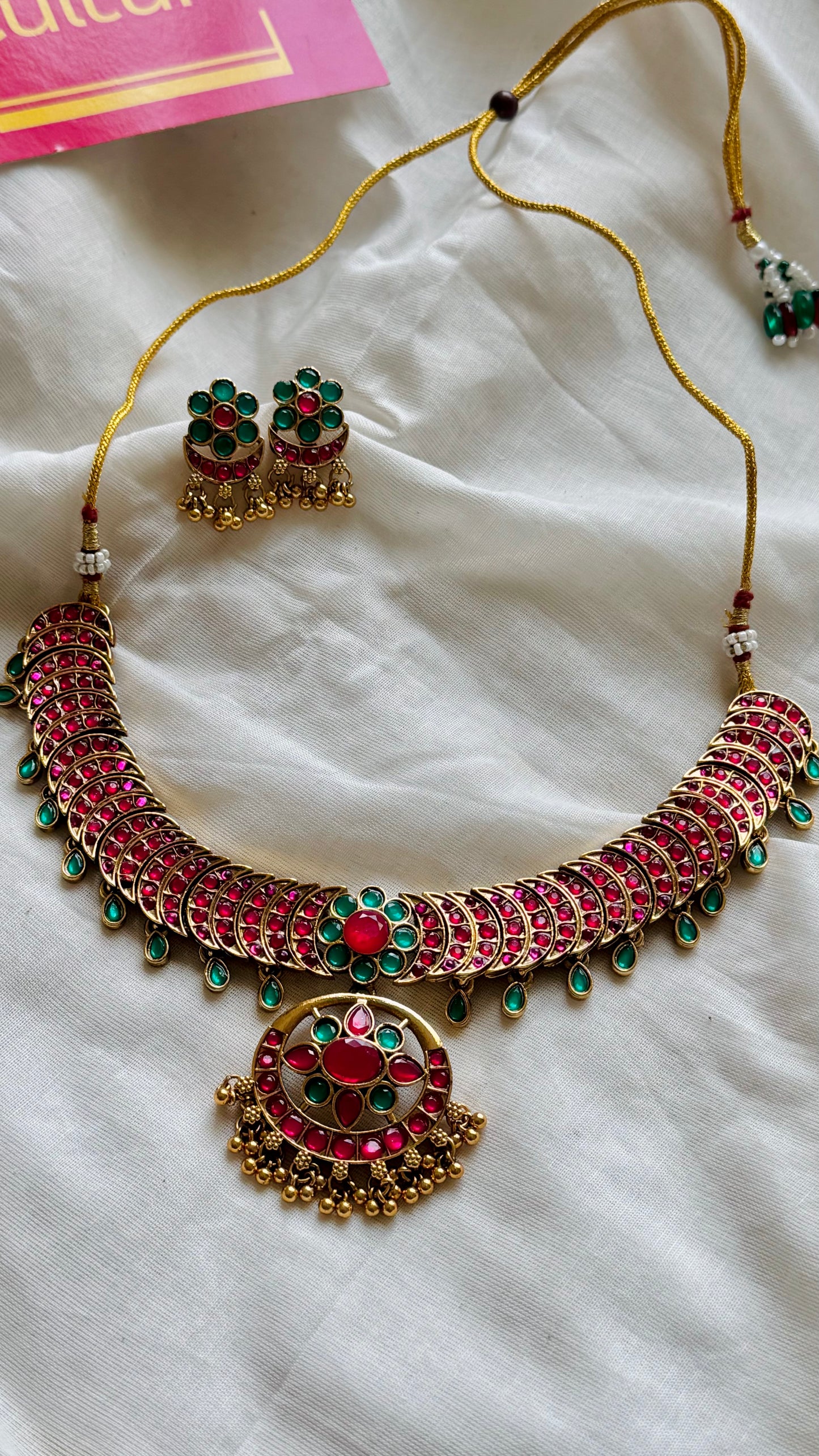 Ruby green stone statement neckpiece with earrings - YCGPNP747