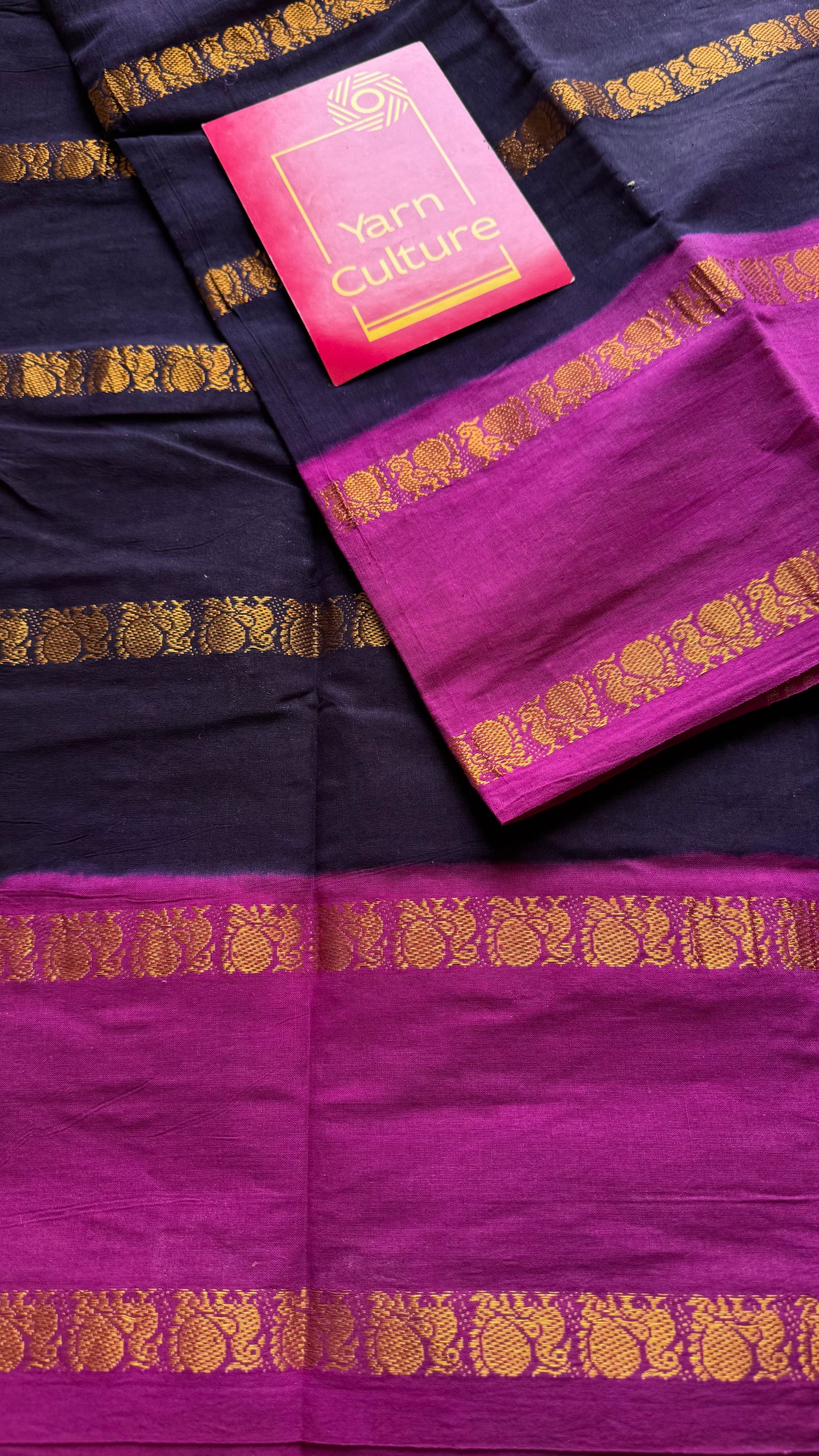 Dark blue with magenta peacock striped sungudi, kattuchayam dyed madurai cotton - YCCOTNMSAP165