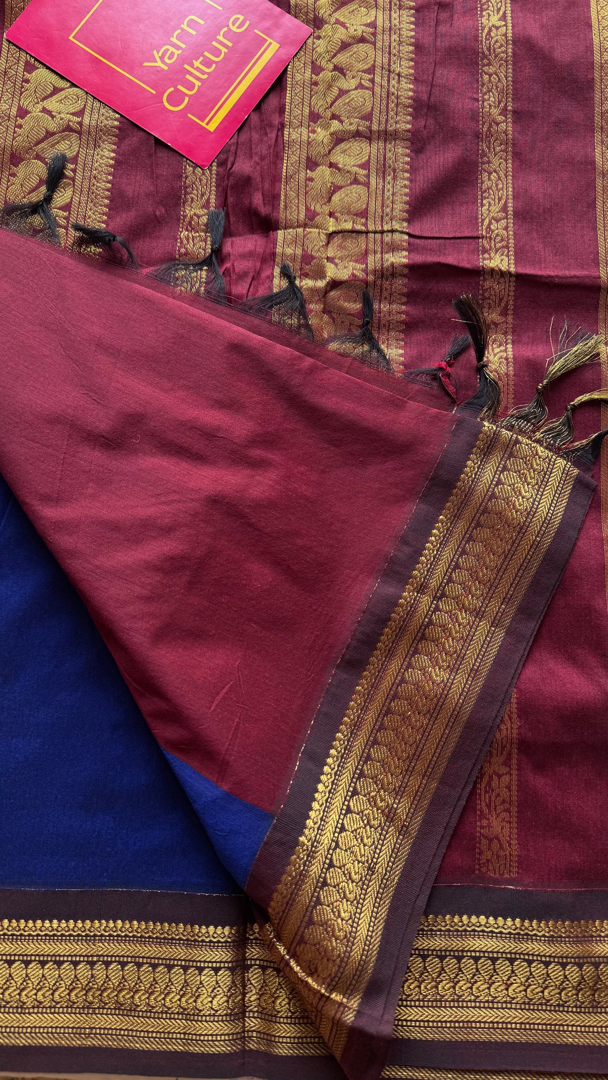 Royal blue with brown, cotton silk saree with zari border - YCCOTNKCOC106