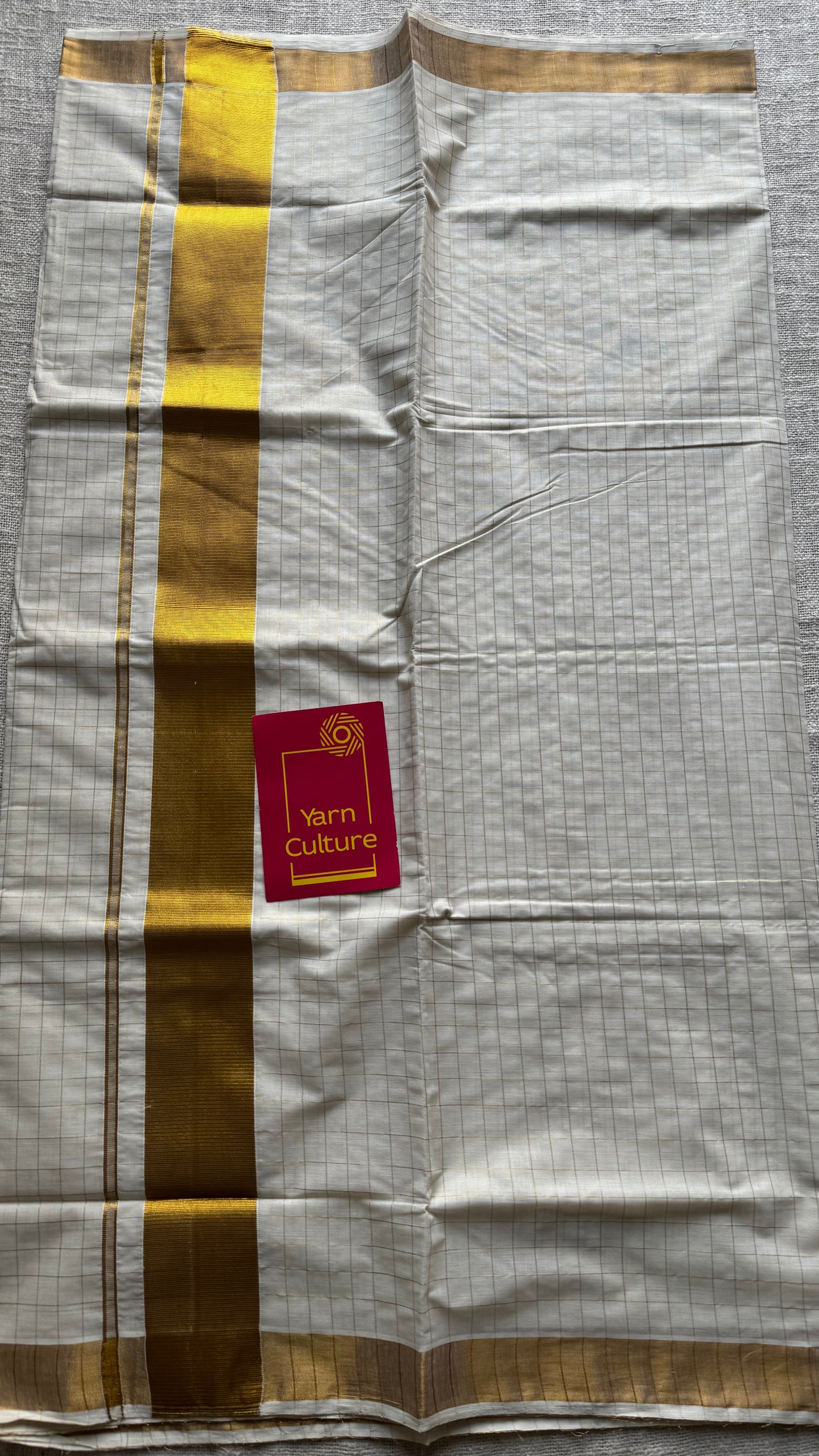 Ivory Kerala cotton saree with gold checks - YCIEKCFE318