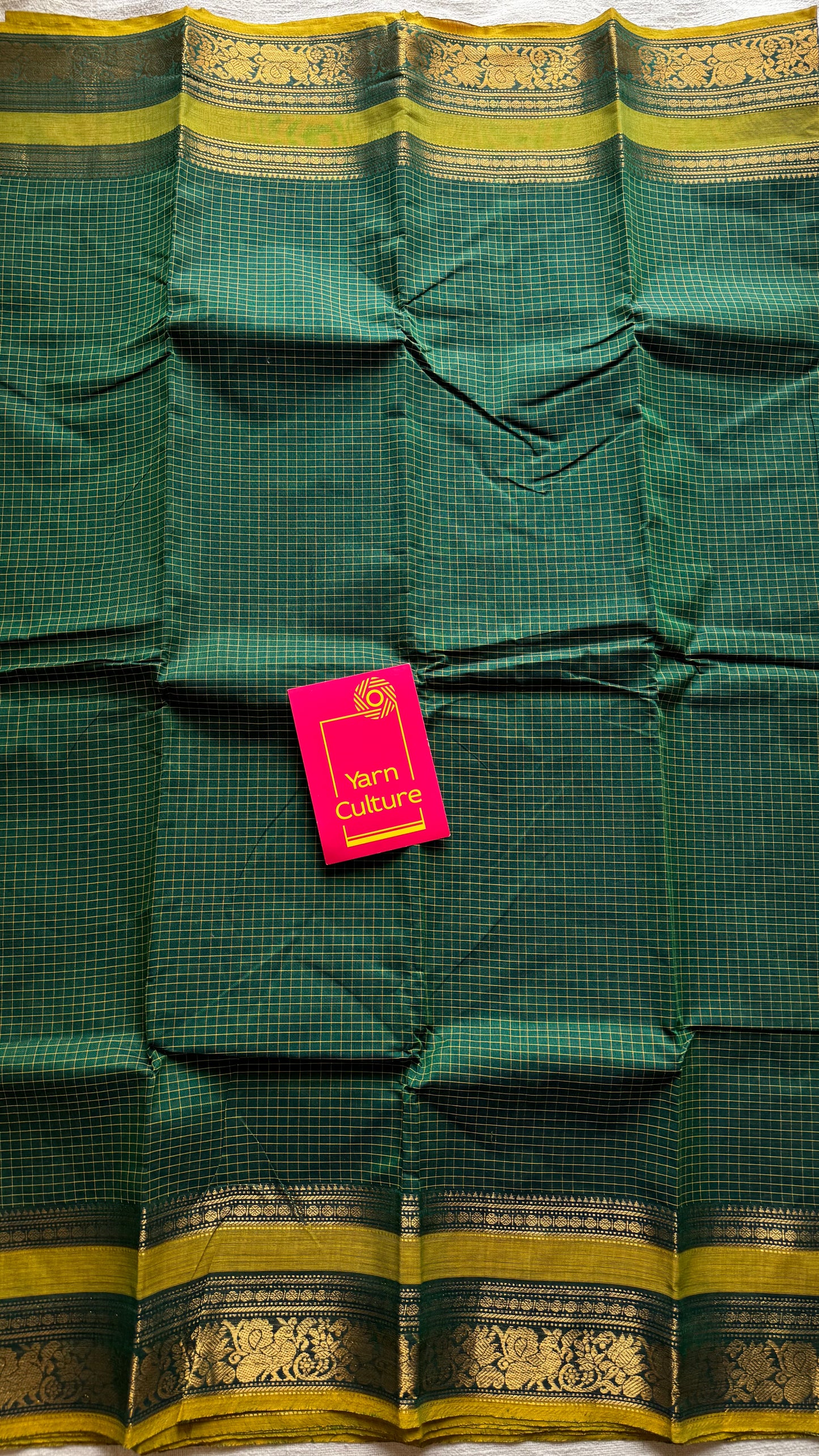 Kanchi cotton saree, green checks with korvai border - YCCOTNAP74