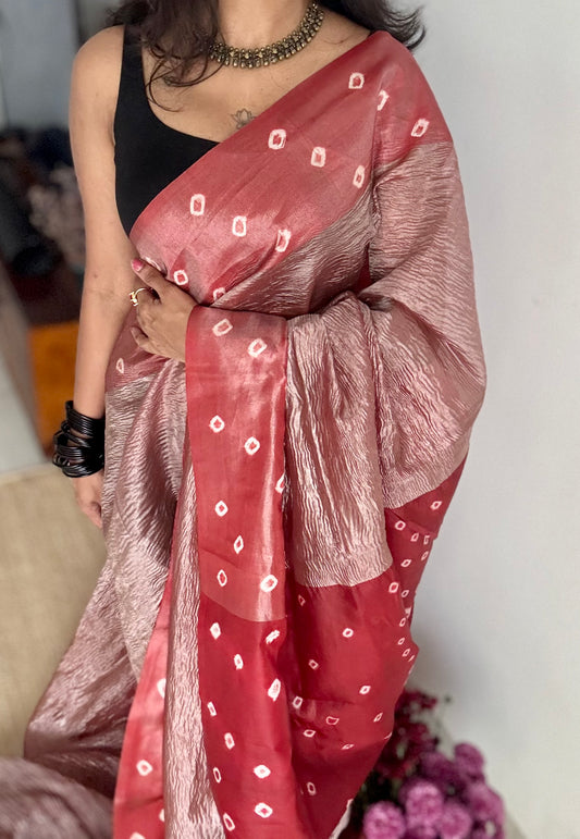Reddish brown in crushed tissue, with bandhni borders in art silk - YCBLFE21