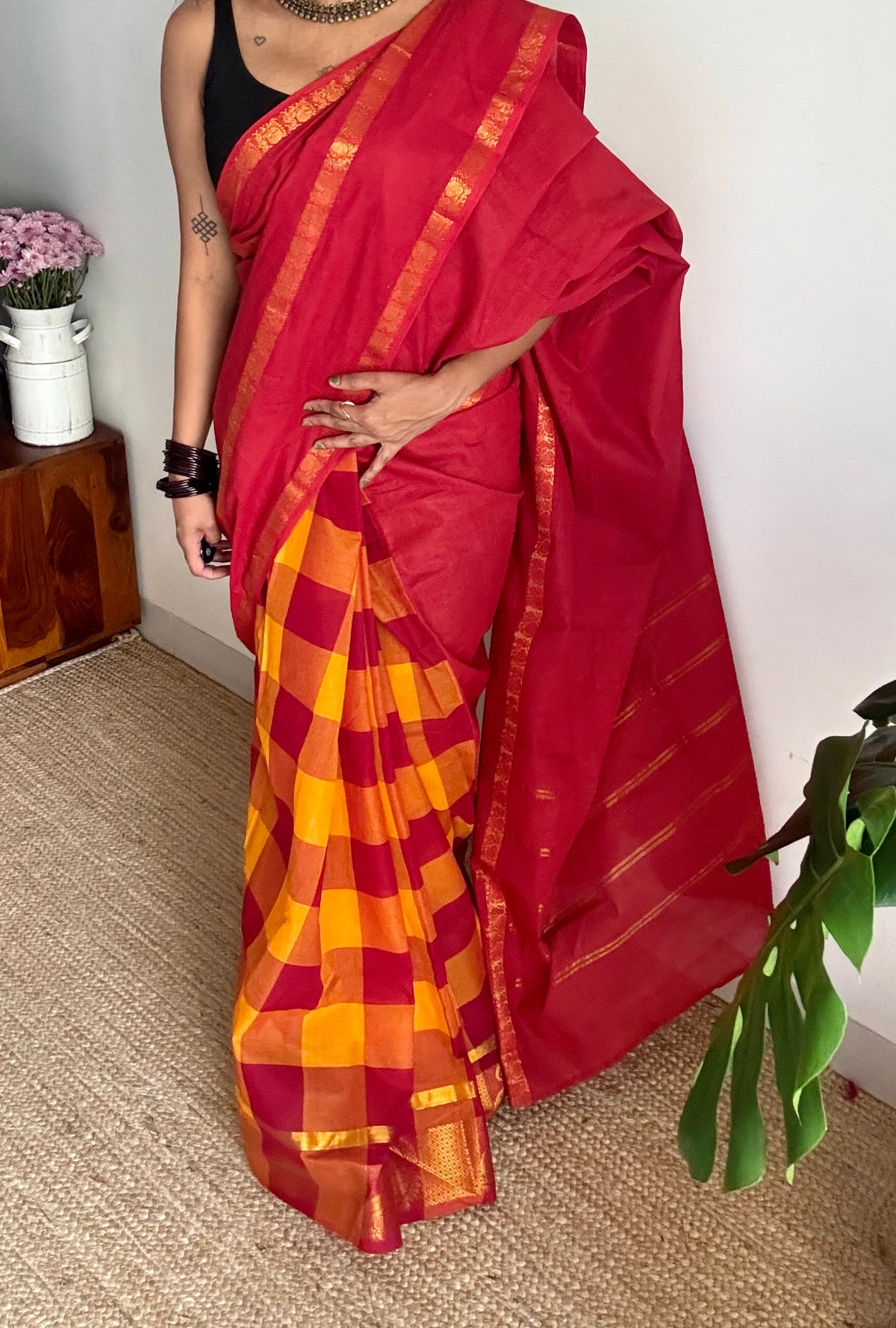Chilli red with multicoloured checks, sungudi and chettinad cotton half and half saree - YCCOTNIDOC142
