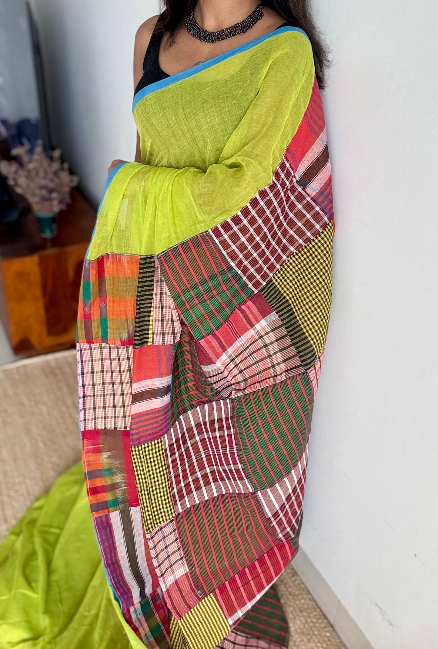 Lime green mul saree with patchwork on pallu - YCBCAUMCP02