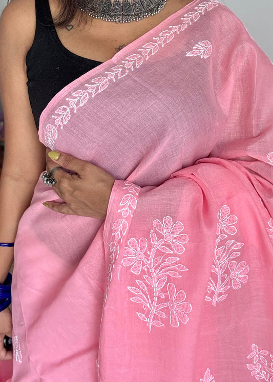 Meher - peach pink hand-embroidered chikankari cotton saree - YCLCKFE416