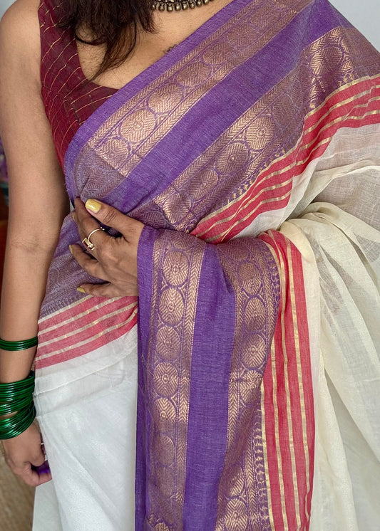 Ivory mul saree with purple and red motif zari border  - YCBCMCFE299