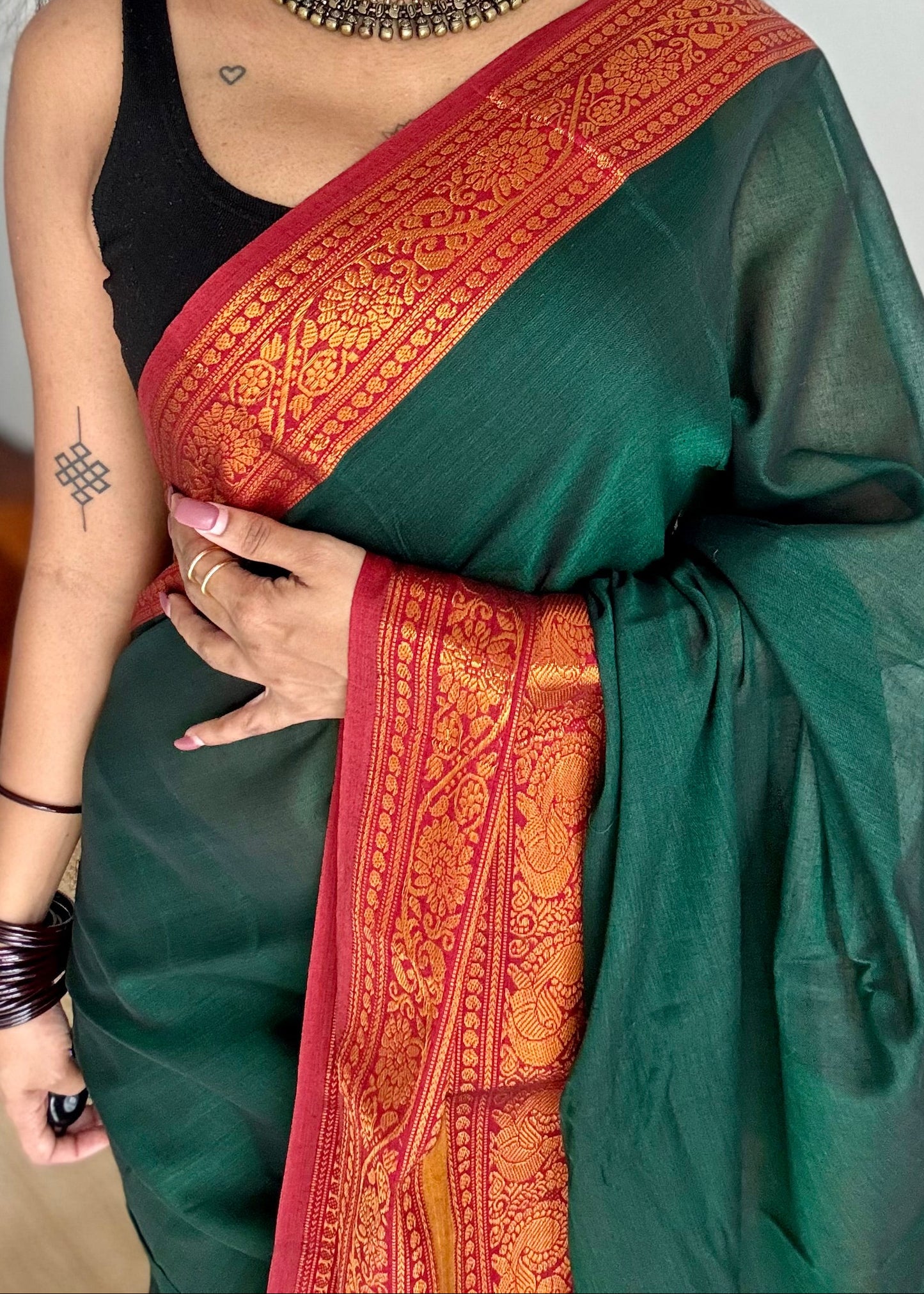 Green with red wide border, narayanpet soft cotton saree - YCWOTDAUG01