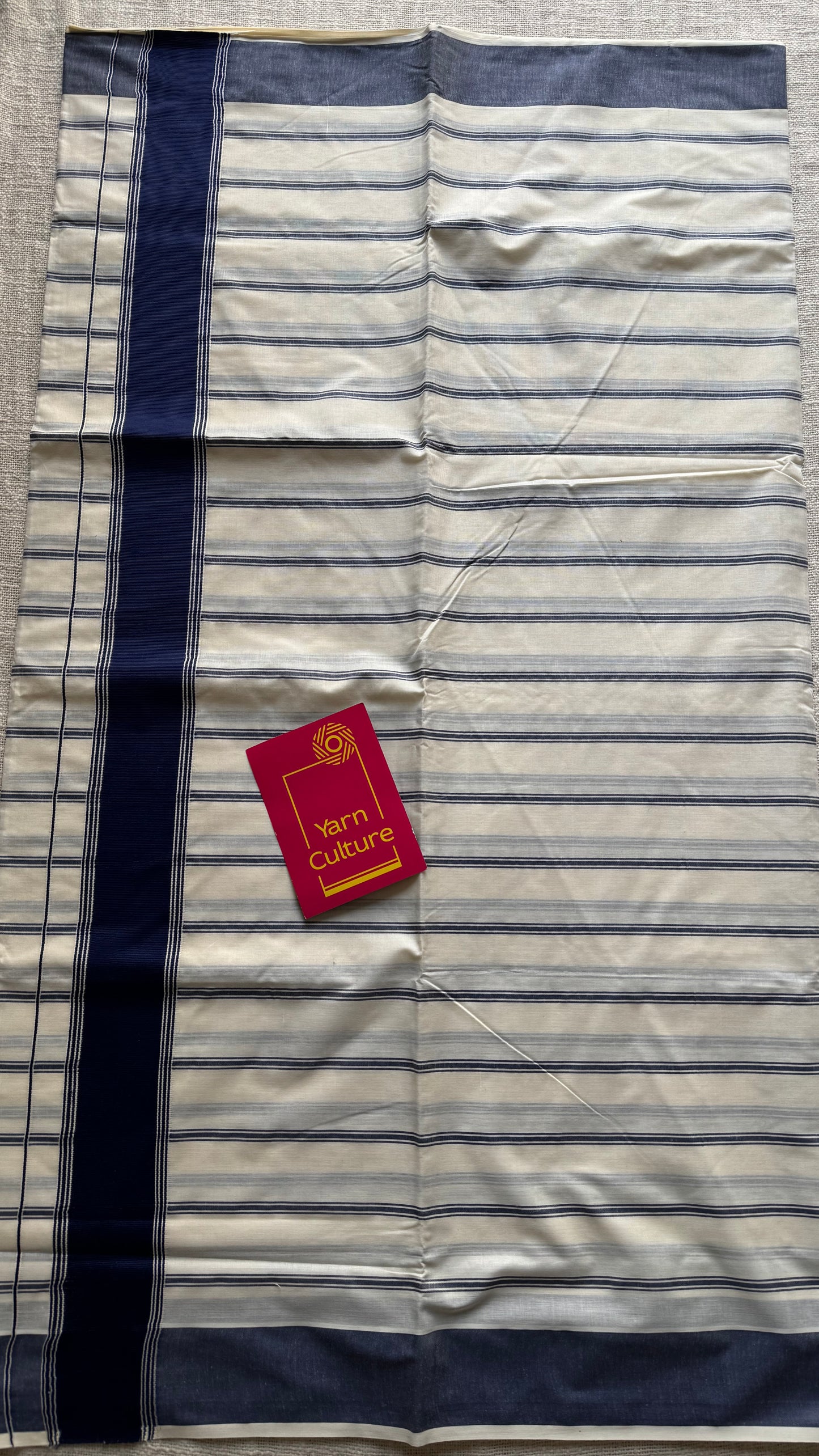 Ivory Kerala cotton saree with blue stripes and border - YCIEKCFE320