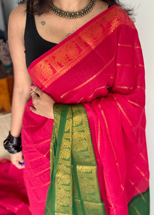 Reddish pink with green, peacock rudraksham motif, single side broad zari - madurai kattuchayam dyed -YCCOTNAURS19