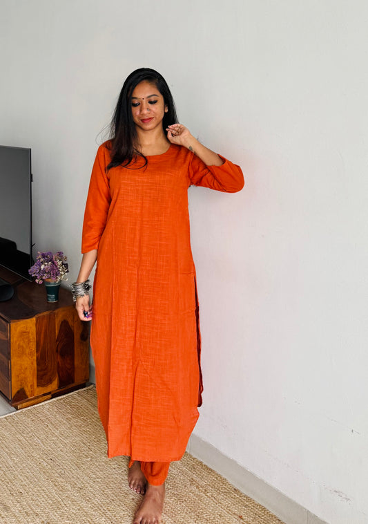Rust orange cotton round-neck stitched kurta co-ord set, three-fourth sleeves - YCSEBPSFE252