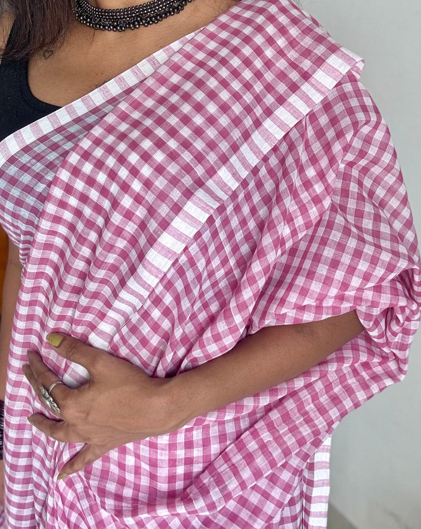 Mauve and white checkered mul cotton saree  - YCBCMCCMA31