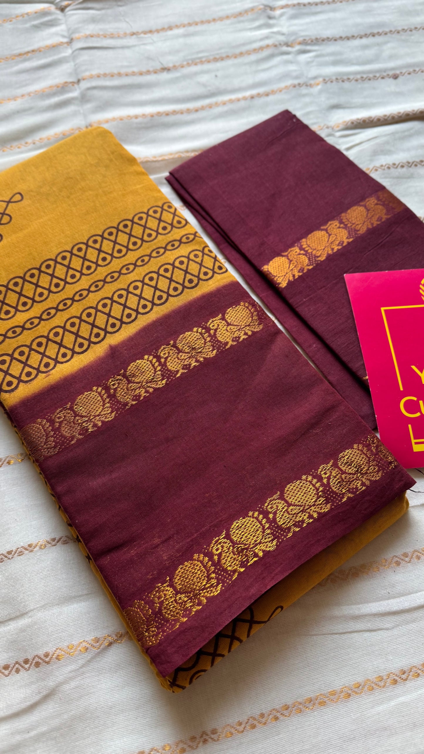 Turmeric yellow with maroon, kolam print, rettaipettu peacock double border, madurai soft cotton - YCCOTNMSAP202