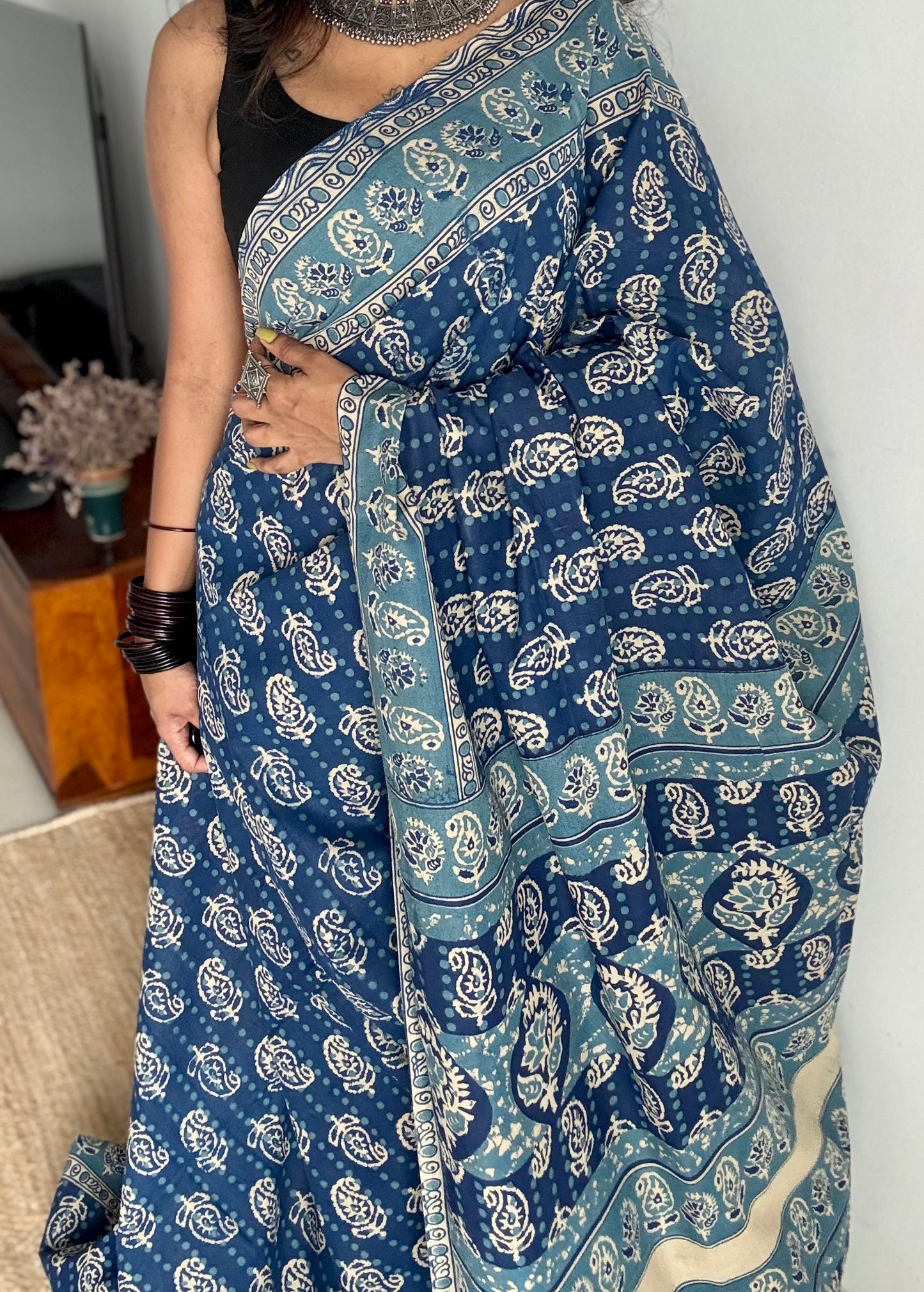 Indigo with light blue kalamkari, paisley motifs, soft cotton - YCWOTDOCMP84