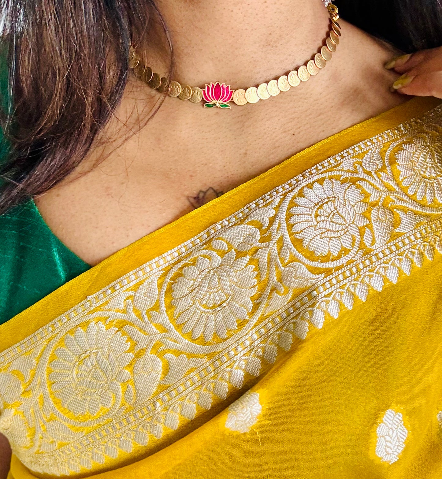 Coin neckpiece with hot pink lotus, with earrings - YCGPNP676