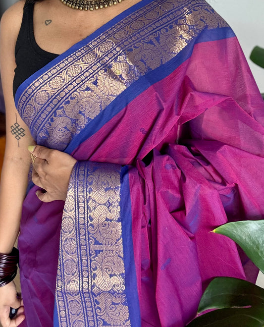 Purple pink with royal blue zari border chettinad cotton saree - YCCOTNCKSE15