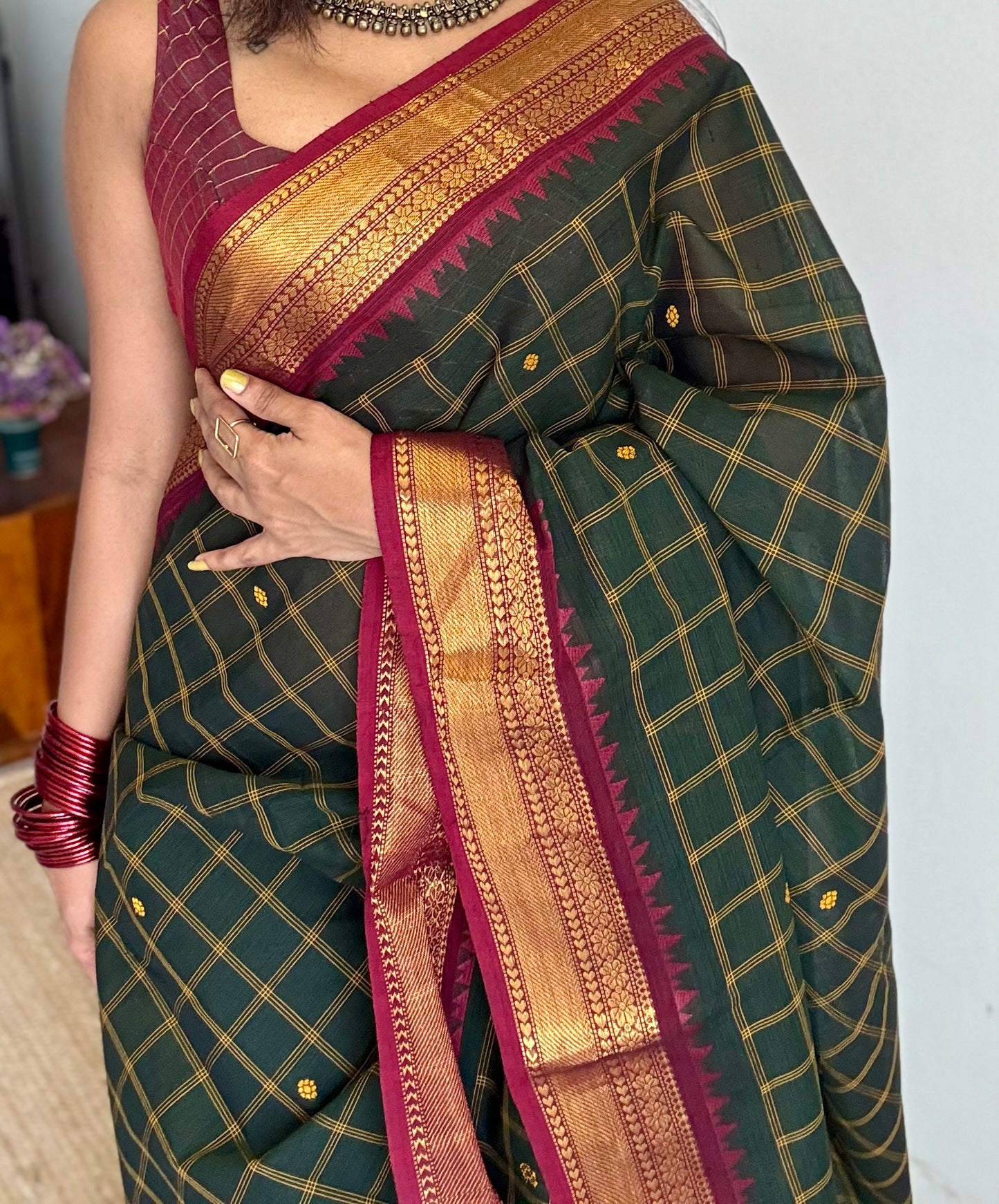 Dark green Kanchi cotton saree with striped checks, woven buttas and maroon zari border - YCCOTNCCFE159