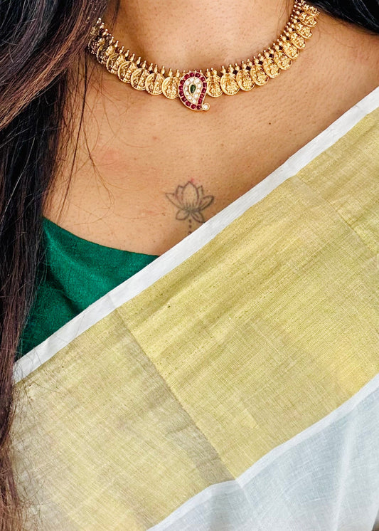 Coin neckpiece with mango pendant with stones, with earrings - YCGPNP737