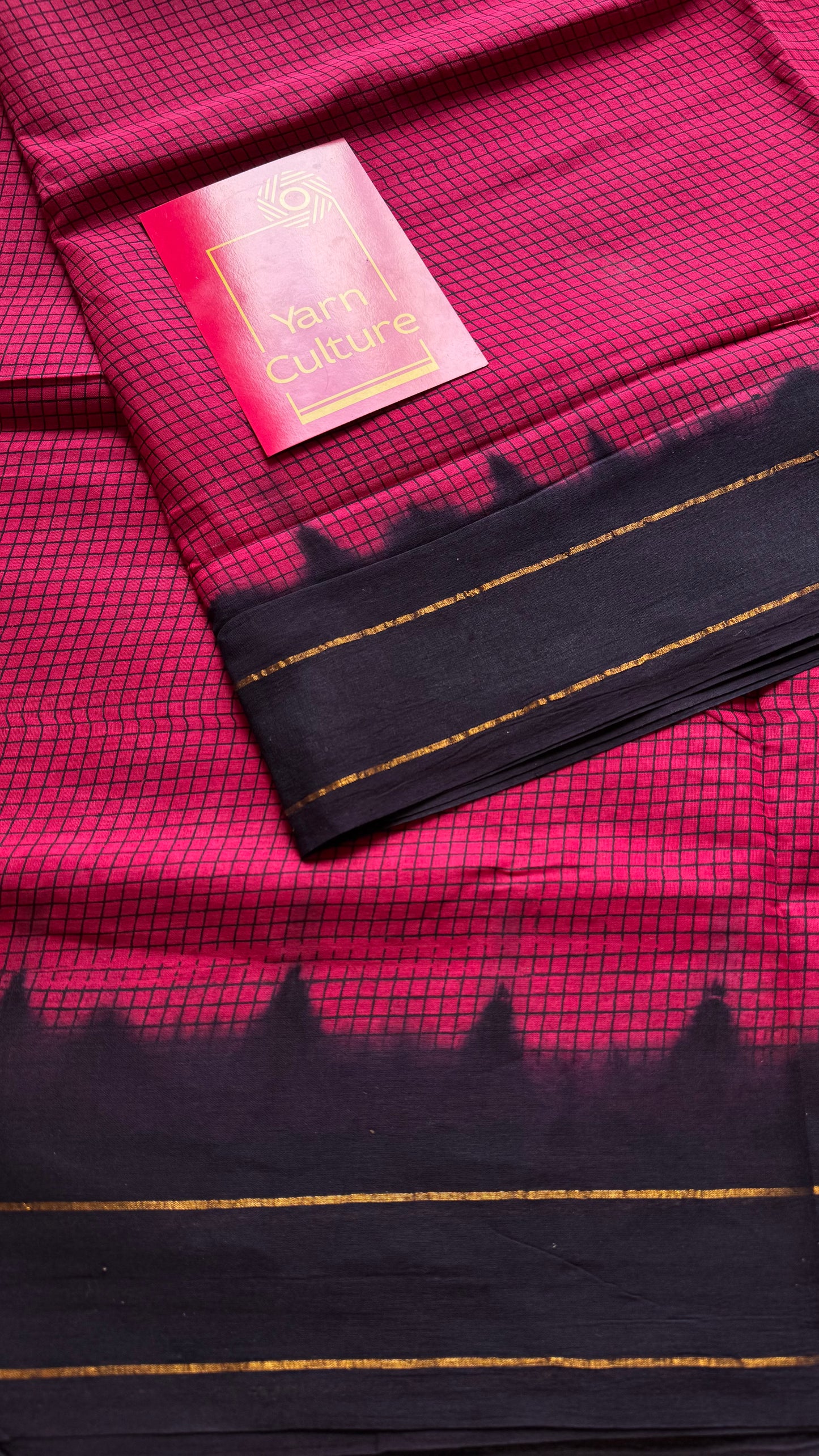 Dark pink with black contrast, checkered kattuchayam dyed madurai cotton saree - YCCOTNMA234