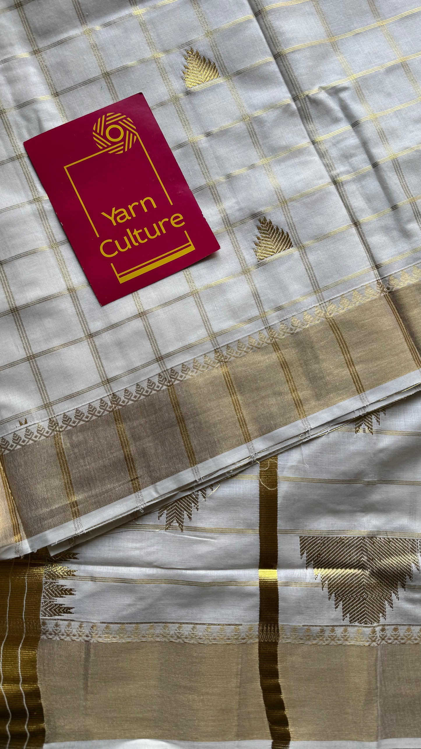 Ivory Kerala cotton saree with checks and gold jacquard motifs - YCIEKCFE319