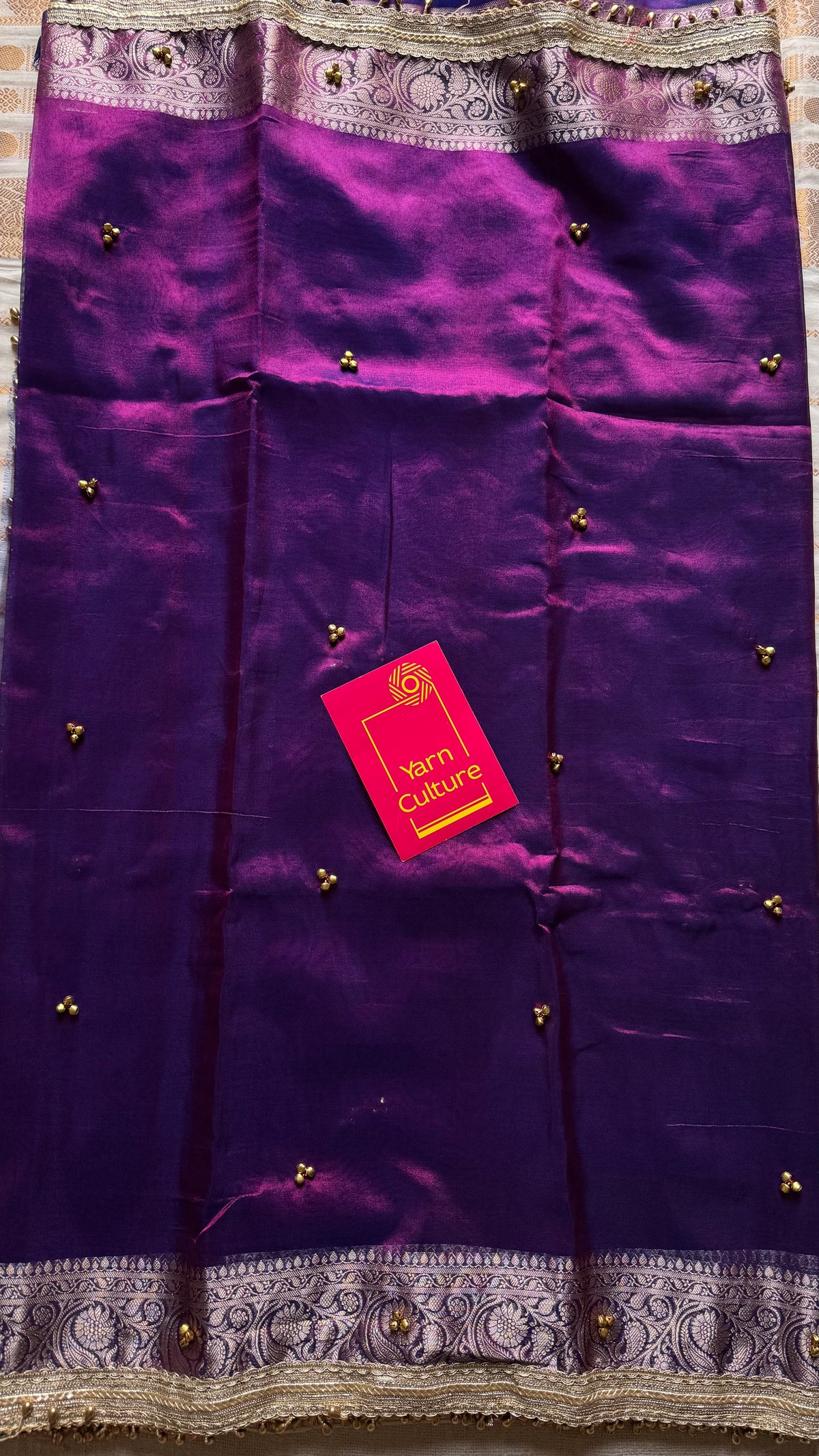 Purple gold tissue Banarasi saree with ghungroo embellishments and beaded lace border - YCBLTOC67