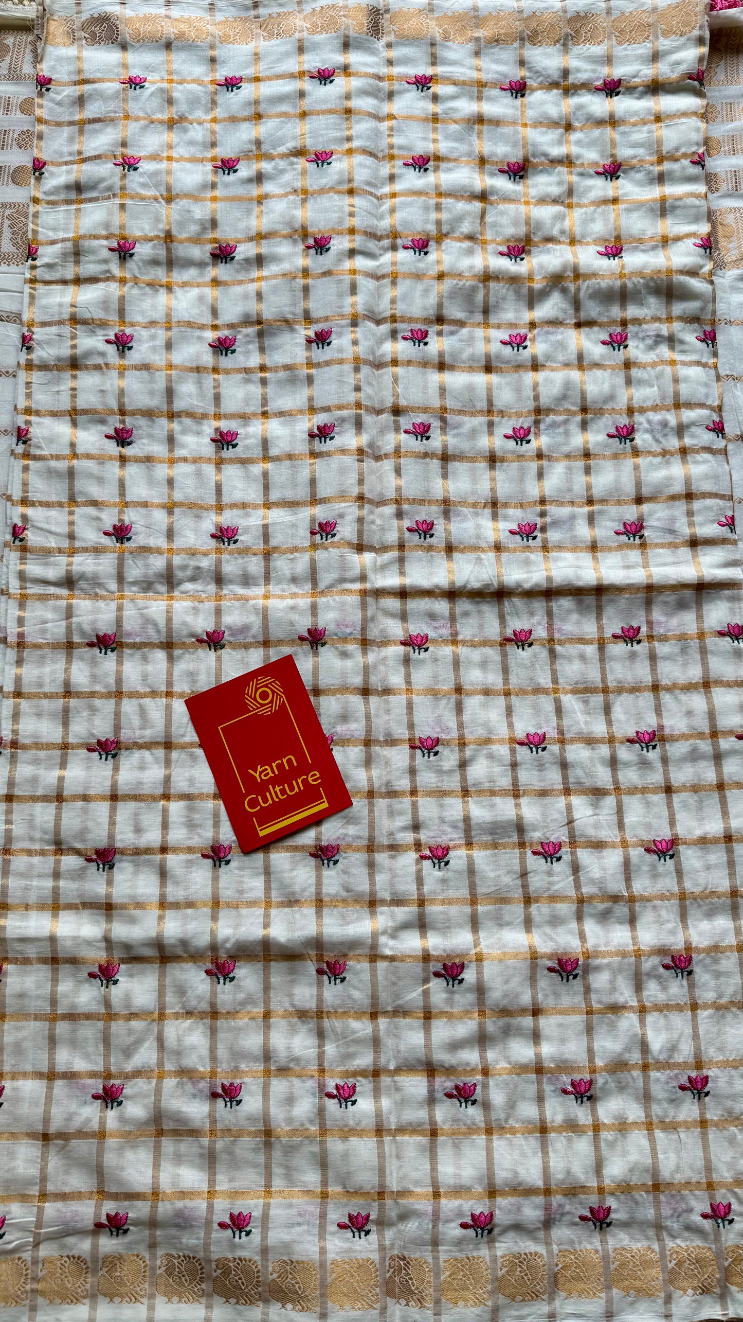 Sradha : Thaamara Kattam - pink lotus embroidery, ivory & gold, soft cotton - YCIEON167