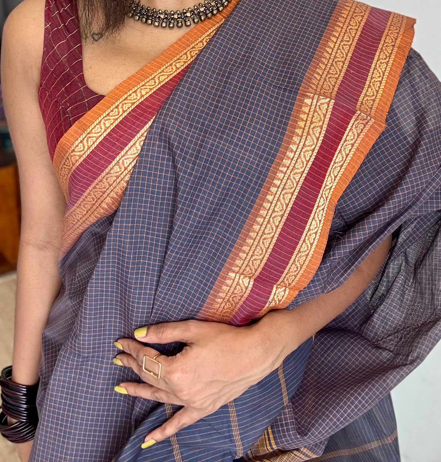 Dark grey Chettinad cotton saree with yellow mini checks - YCCOTNCCFE143