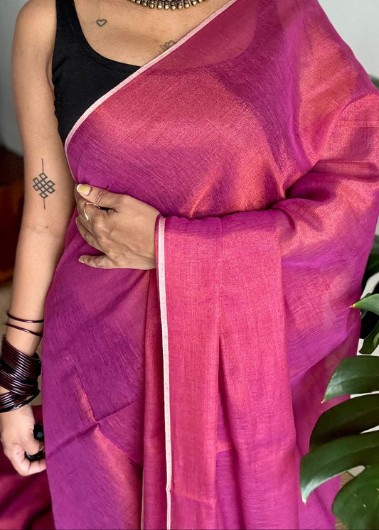 Magenta pink with gold, dual tone metallic tissue linen saree - YCBCLTOC57