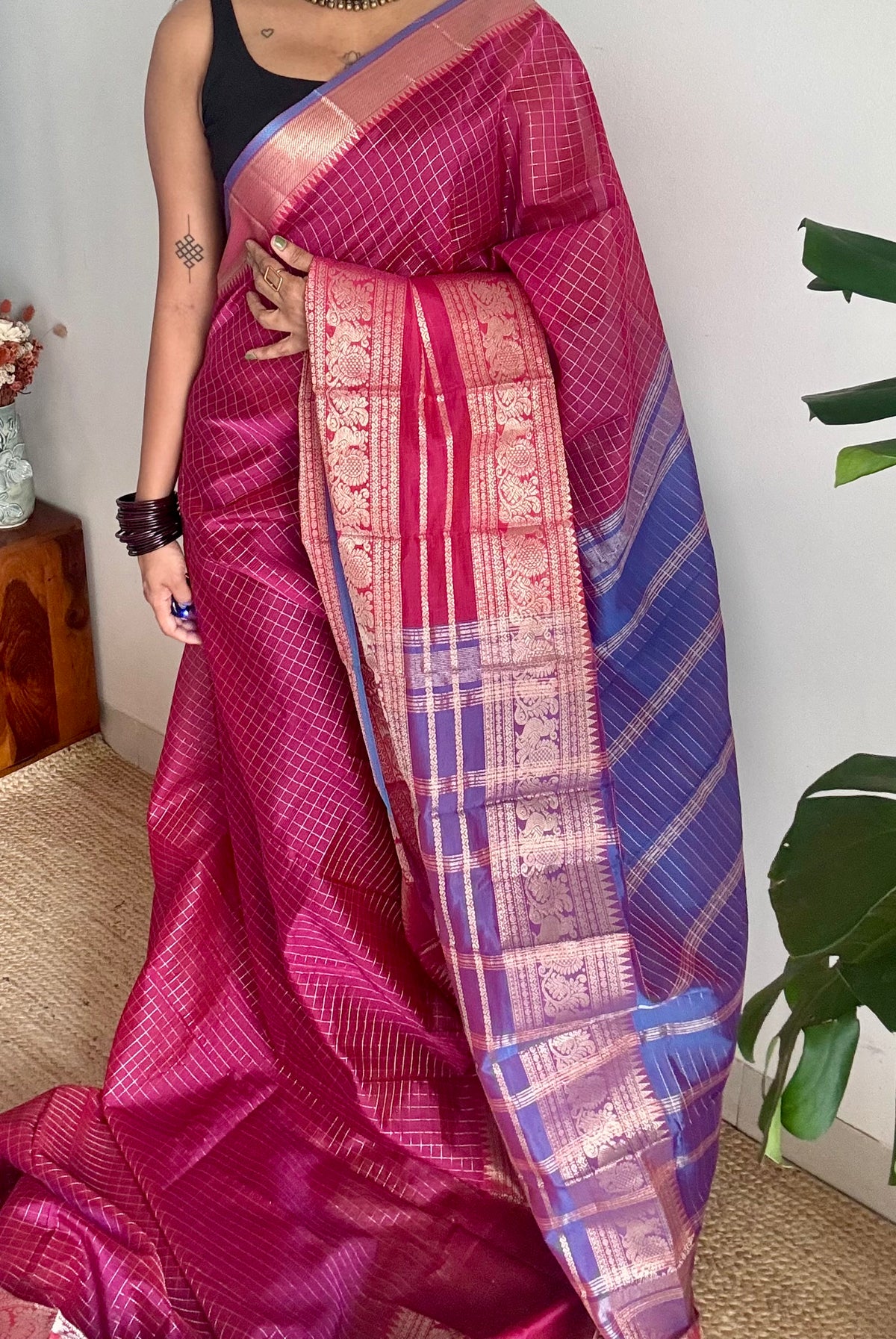 Dark berry pink with blue silver zari checks, silver and gold peacock woven zari border, mangalgiri silk cotton, handwoven, soft, light weight - YCWOTDMSCOC124