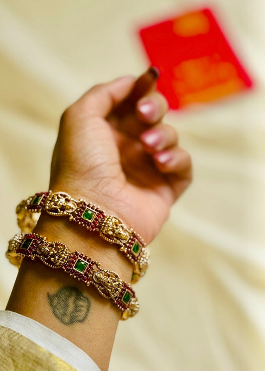 Green and ruby stone Lakshmi bangles set of 2, size 2.6 - YCGPBA821