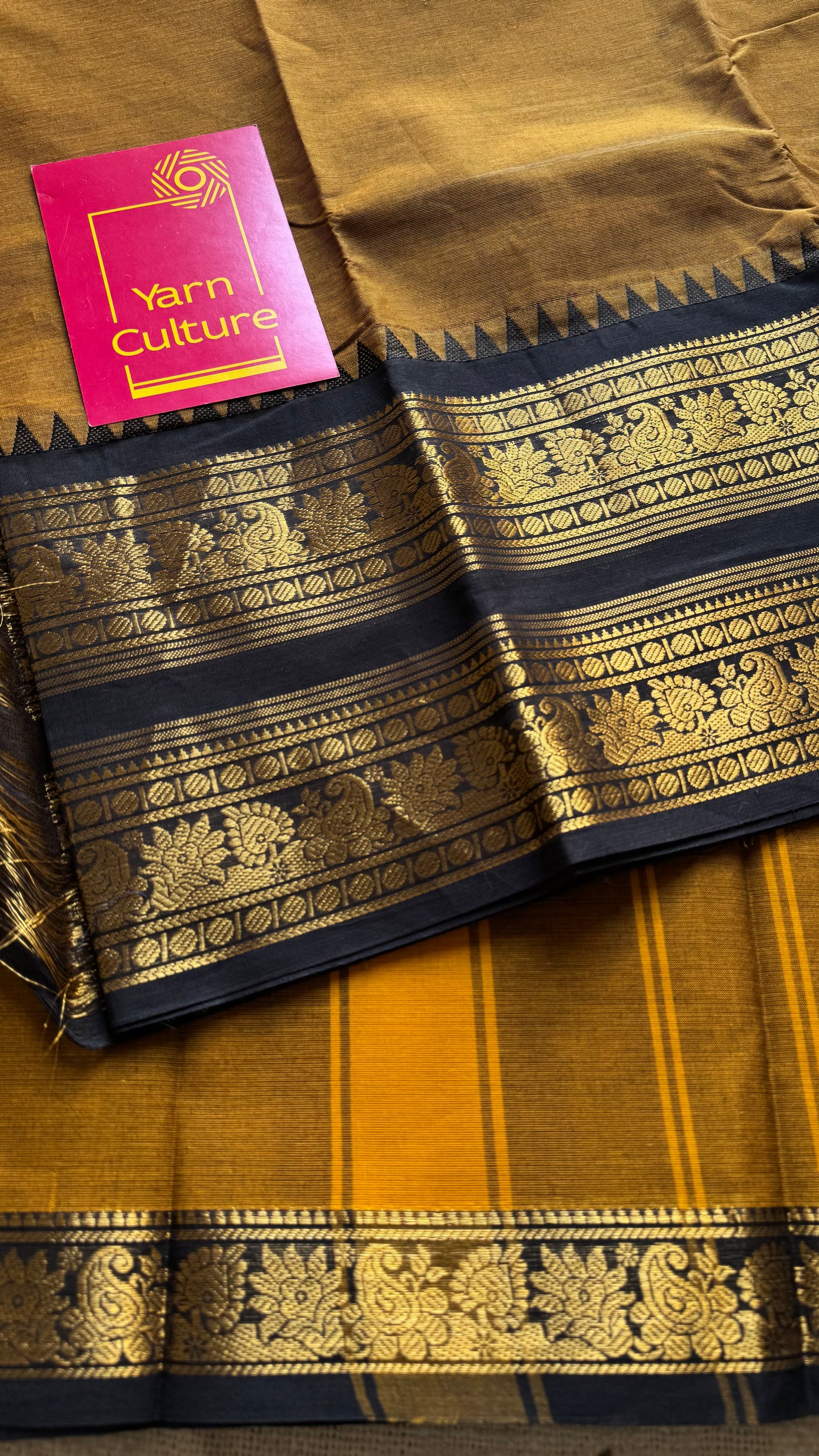 Mustard yellow with black, wide zari border, kanchi cotton - YCCOTNKCJA212