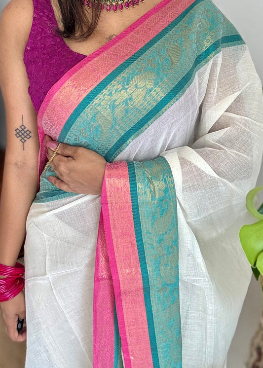 Ivory mul saree, bluish green and hot pink kanchi border - YCIEON11