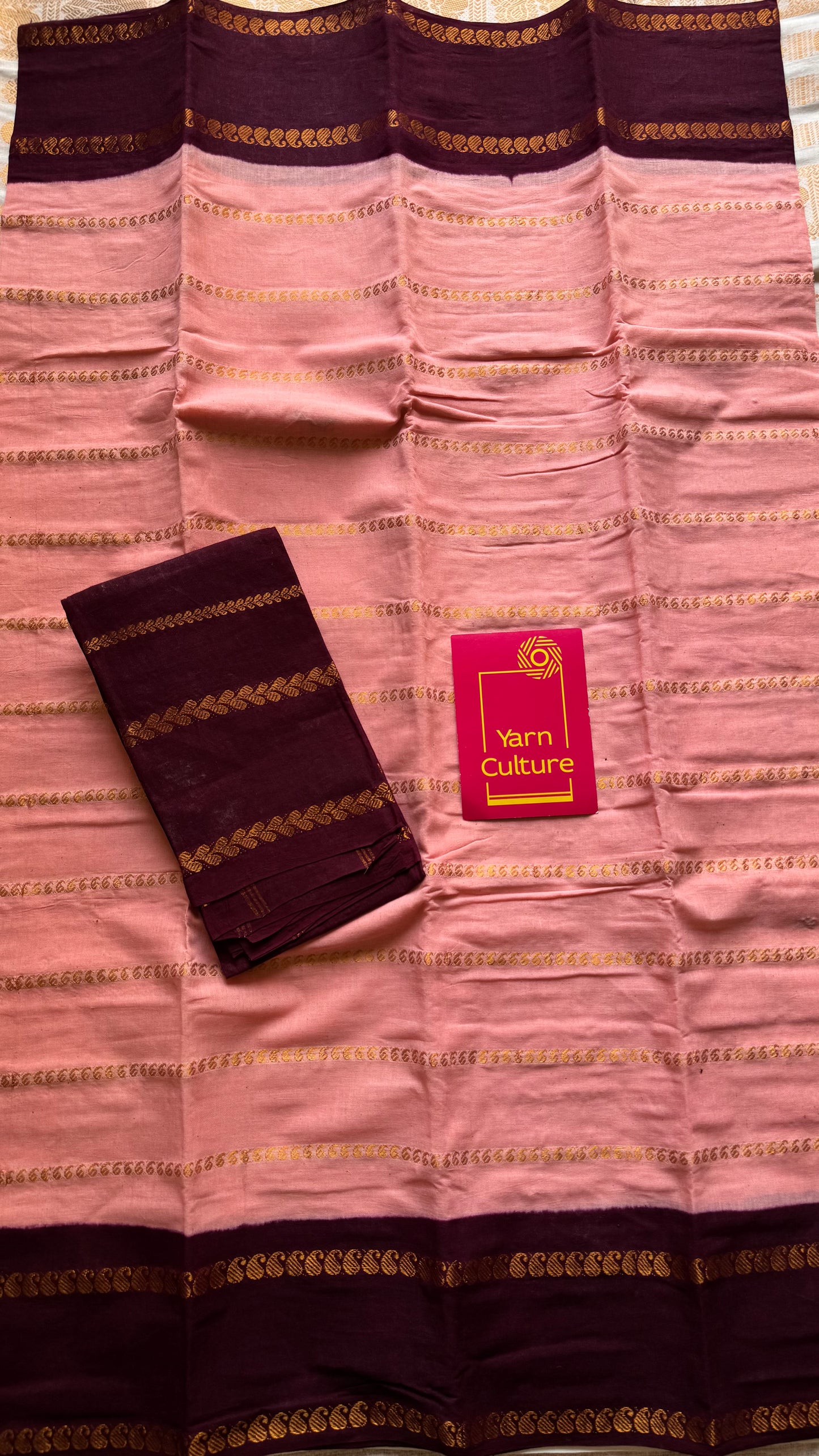 Light peach pink with maroon paisley velthaari sungudi, kattuchayam dyed madurai cotton - YCCOTNMSAP164