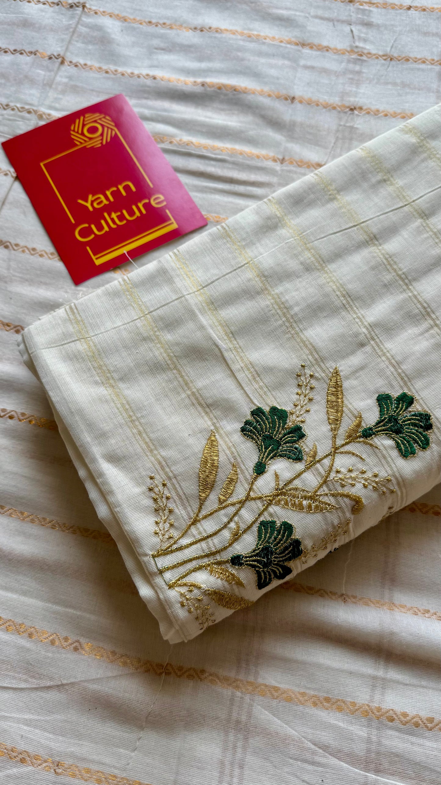 Ivory and gold soft cotton saree, dark green floral embroidery  - YCIEON51