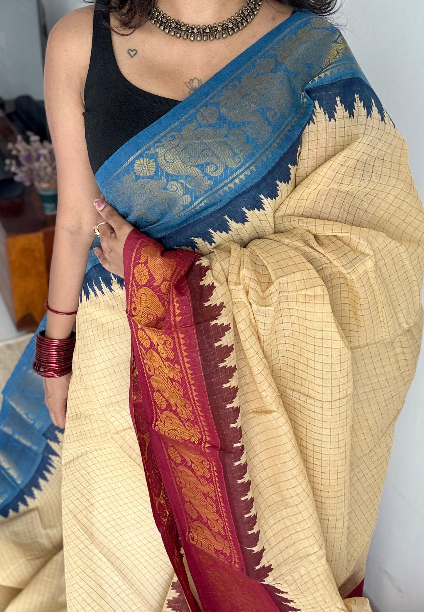 Blue - maroon sungudi cotton checks, sandal colour base, soft cotton - YCCOTNJSUN02
