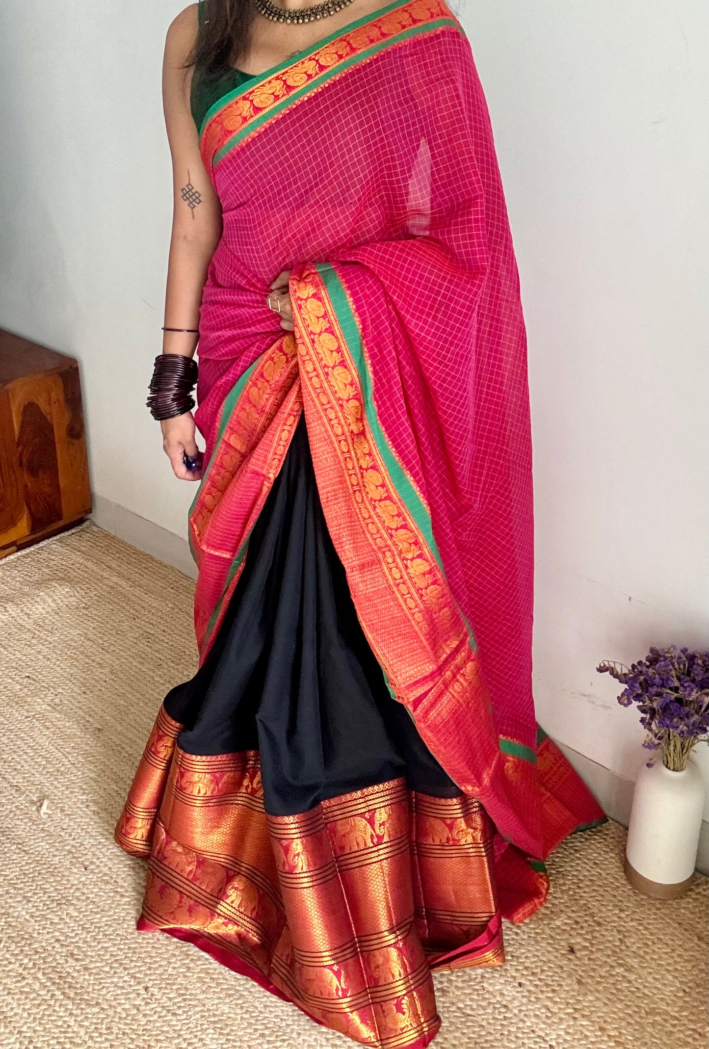 Black - Hot pink unstitched half saree material (dhavani), narayanpet cotton - YCIEHS216