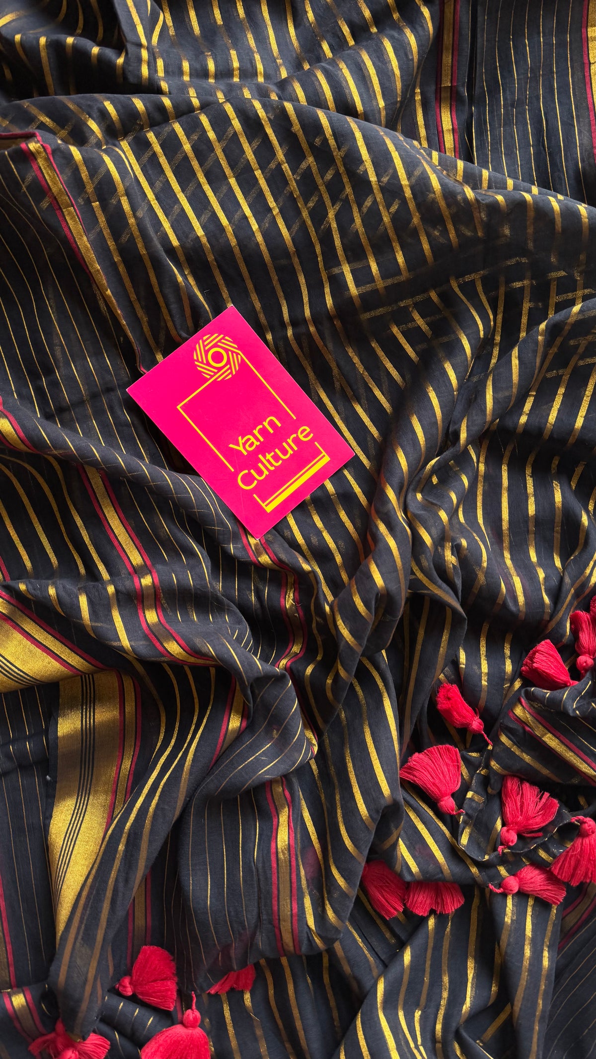 Black mul cotton saree with gold and maroon zari stripes - YCBCMCSE27