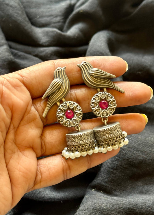 Bird Jhumka, pink stone, black polished oxidised silver - YCOSEJ450