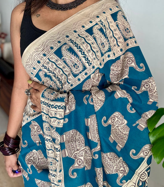 Peacock blue kalamkari saree, elephant motifs, soft cotton - YCWOTDMA350