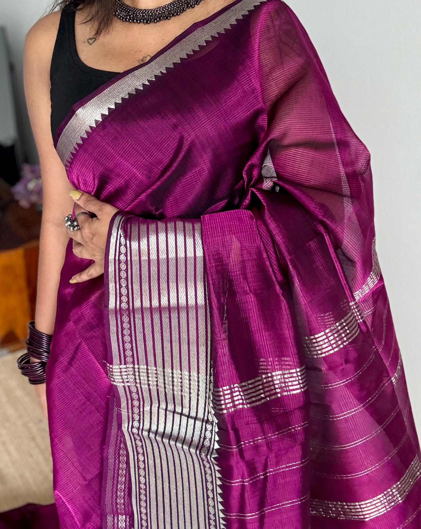 Purple pink with silver woven zari border, mangalgiri silk cotton, handwoven, soft, light weight- YCWOTDFEM406