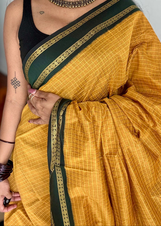 Mustard yellow with dark green contrast arani checkered saree, cotton silk - YCCOTNAUG12