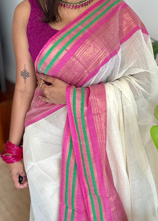 Ivory mul saree, magenta and green kanchi border - YCIEON10
