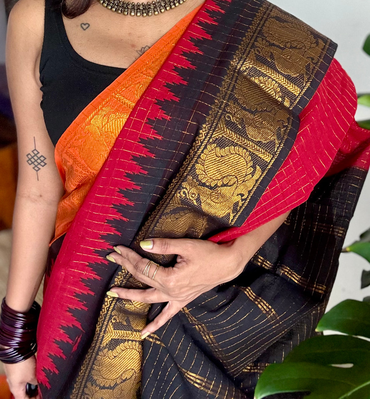 Sungudi cotton checks, red base, orange and black dual tone border, soft cotton - YCCOTNMSSE11